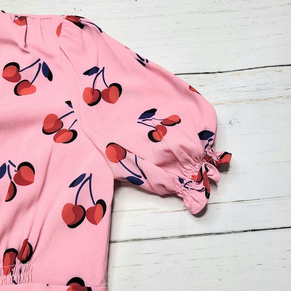 Kate Spade Cherry Toss Puff Sleeve Mini Dress Pink Red V Neck Buttons Small 6 - Picture 6 of 11